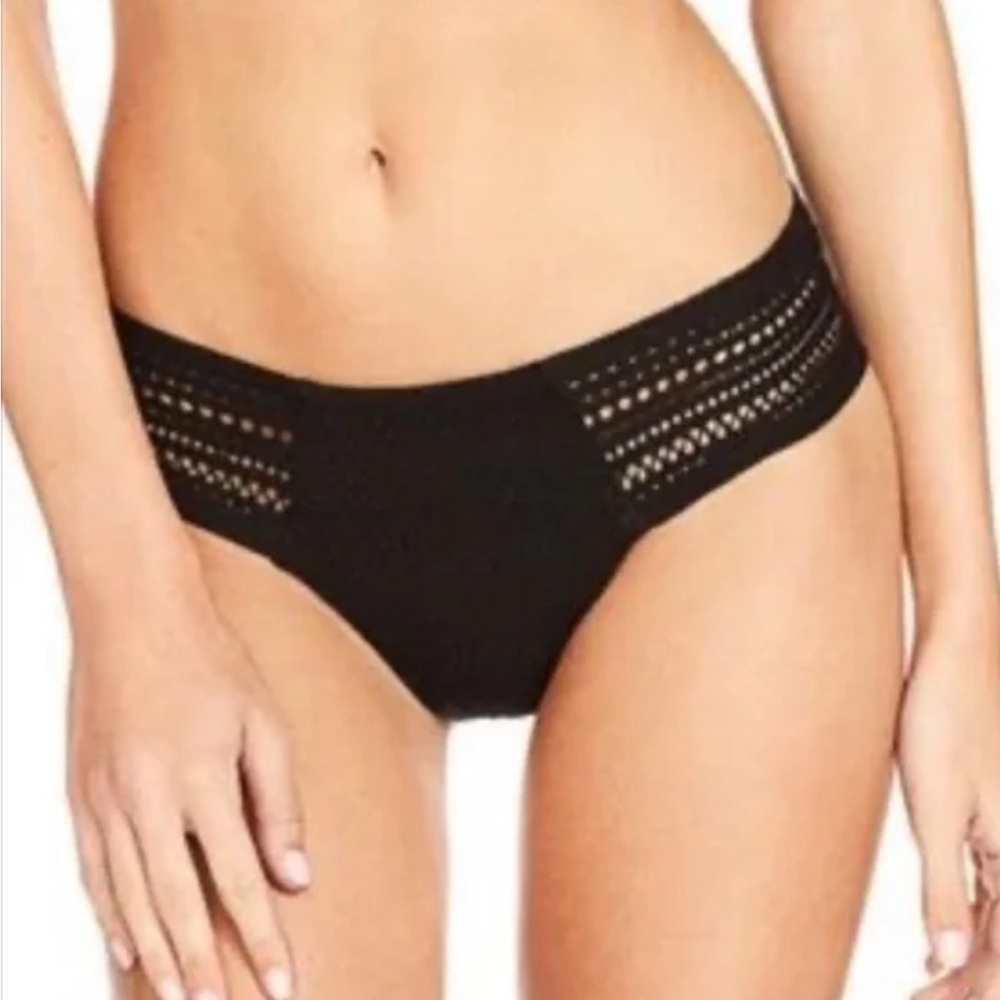 Robin Piccone Women's Perla Crochet Tab Side Bikini Bottom | Black | NWT
